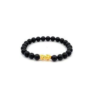 18K Gold Piyao Pixiu Dragon Lucky Charm Bracelet Gemstones Black Tourmaline 6mm